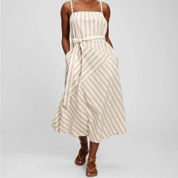 GAP Dresses & Skirts - Gap Stripe MIDI Tank Dress Cotton Size Small Khaki White Summer Vacation Coastal
